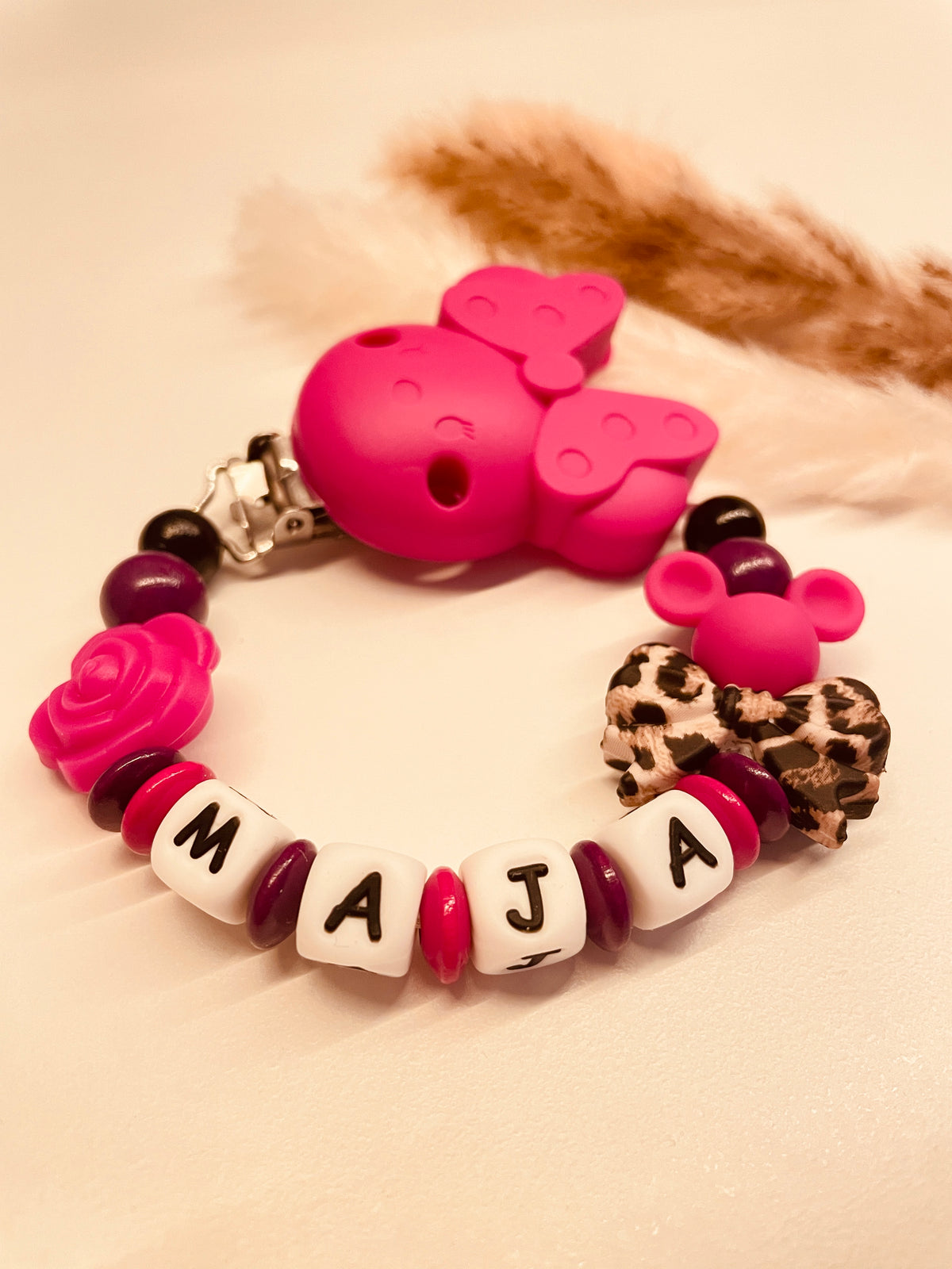 Schnullerkette Maus Leo pink lila