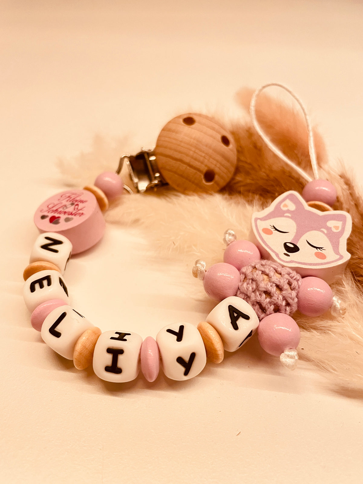 Schnullerkette Fuchs rosa flieder kleine Schwester oder kleine Prinzessin