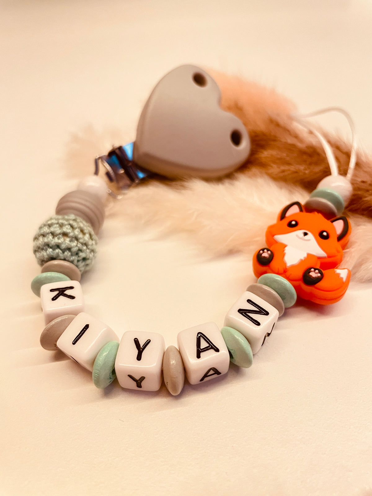 Schnullerkette Fuchs mint grau