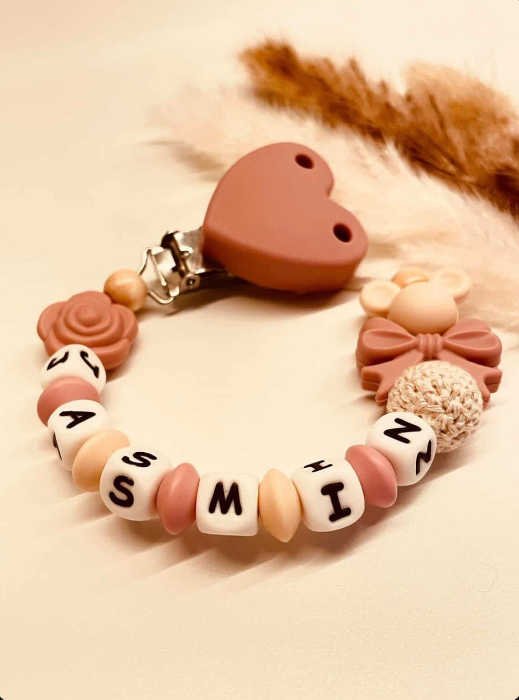 Schnullerkette personalisiert Maus mit Rosa altrosa/beige 