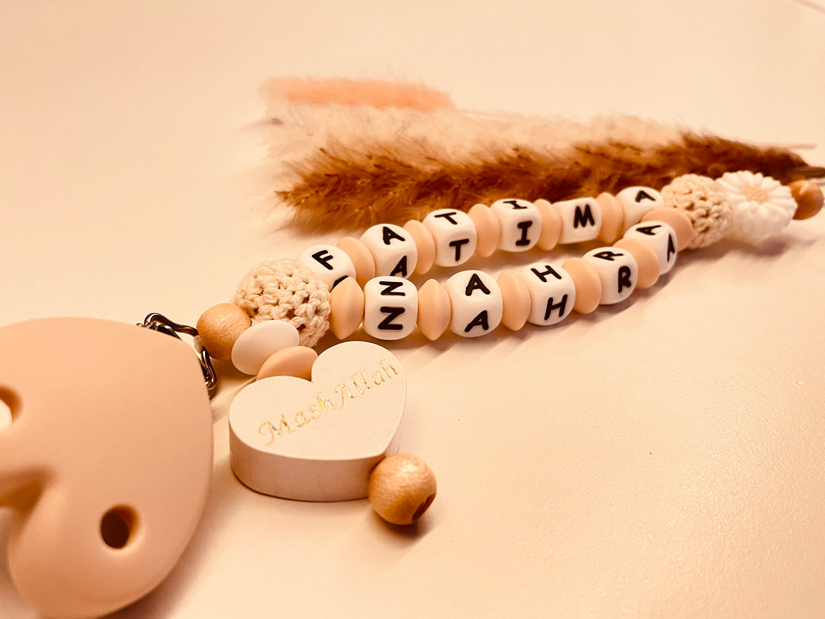 Schnullerkette Mashallah mit Anhänger weiß beige