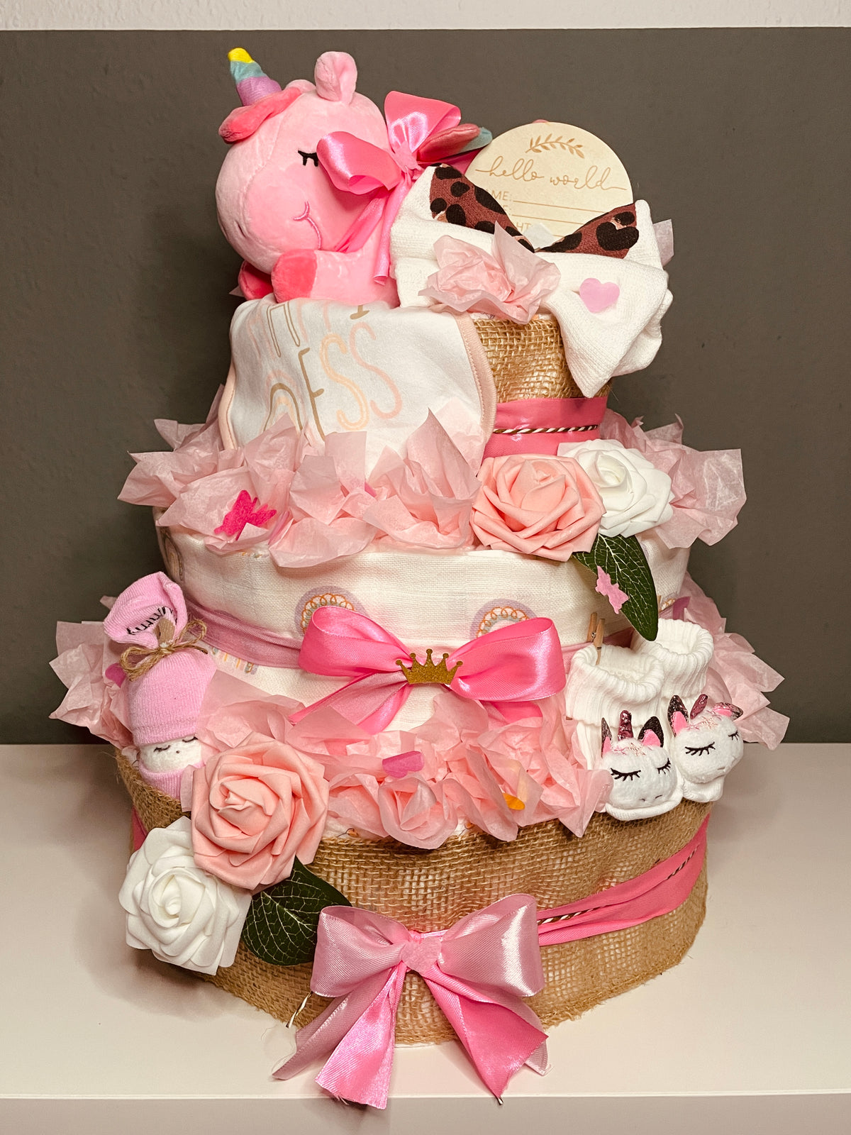 Windeltorte XXL Einhorn rosa personalisiert mit 170 Windeln Babygeschenk Mädchen handgefertigt
