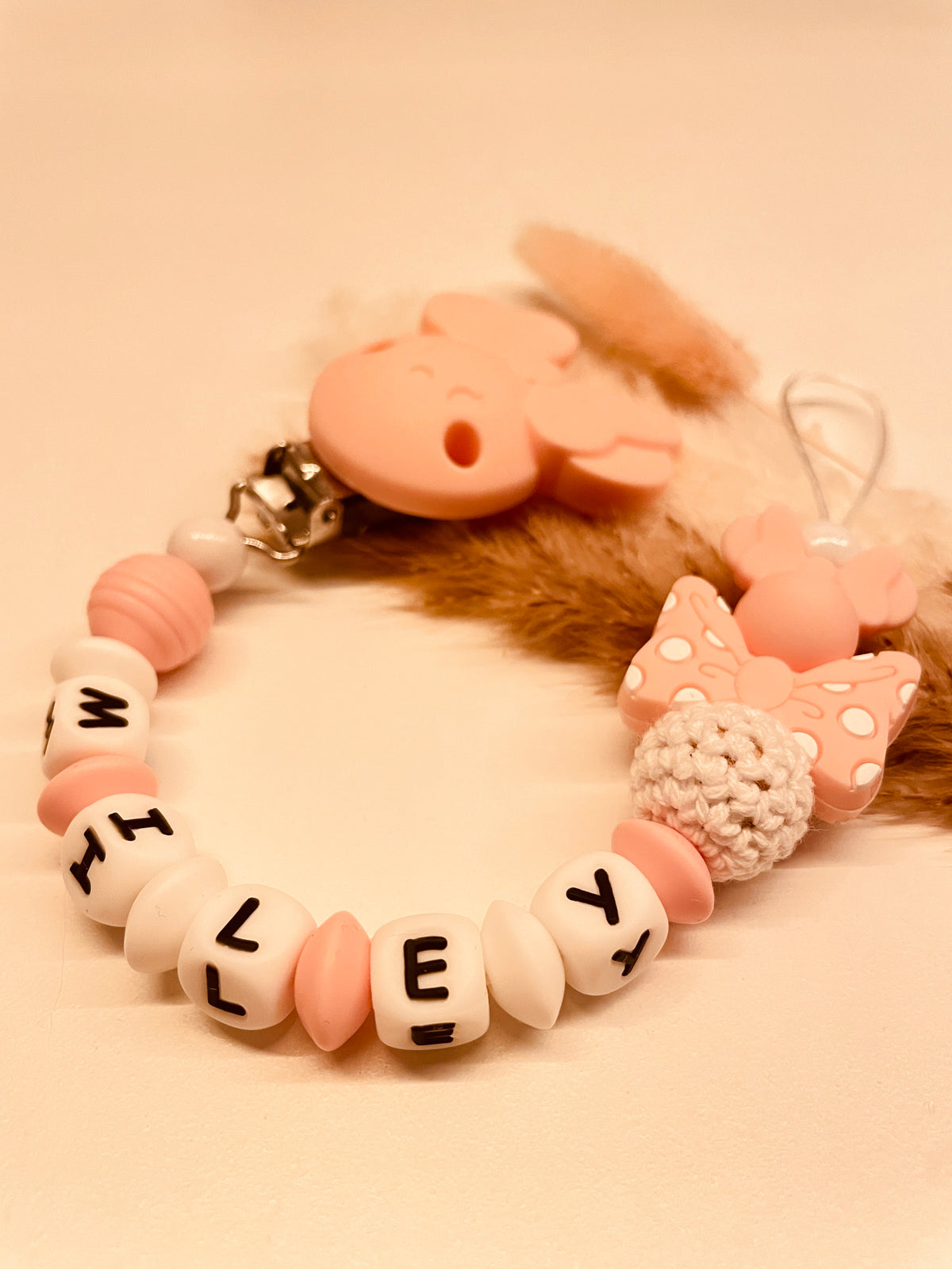 Schnullerkette personalisiert rosa Maus